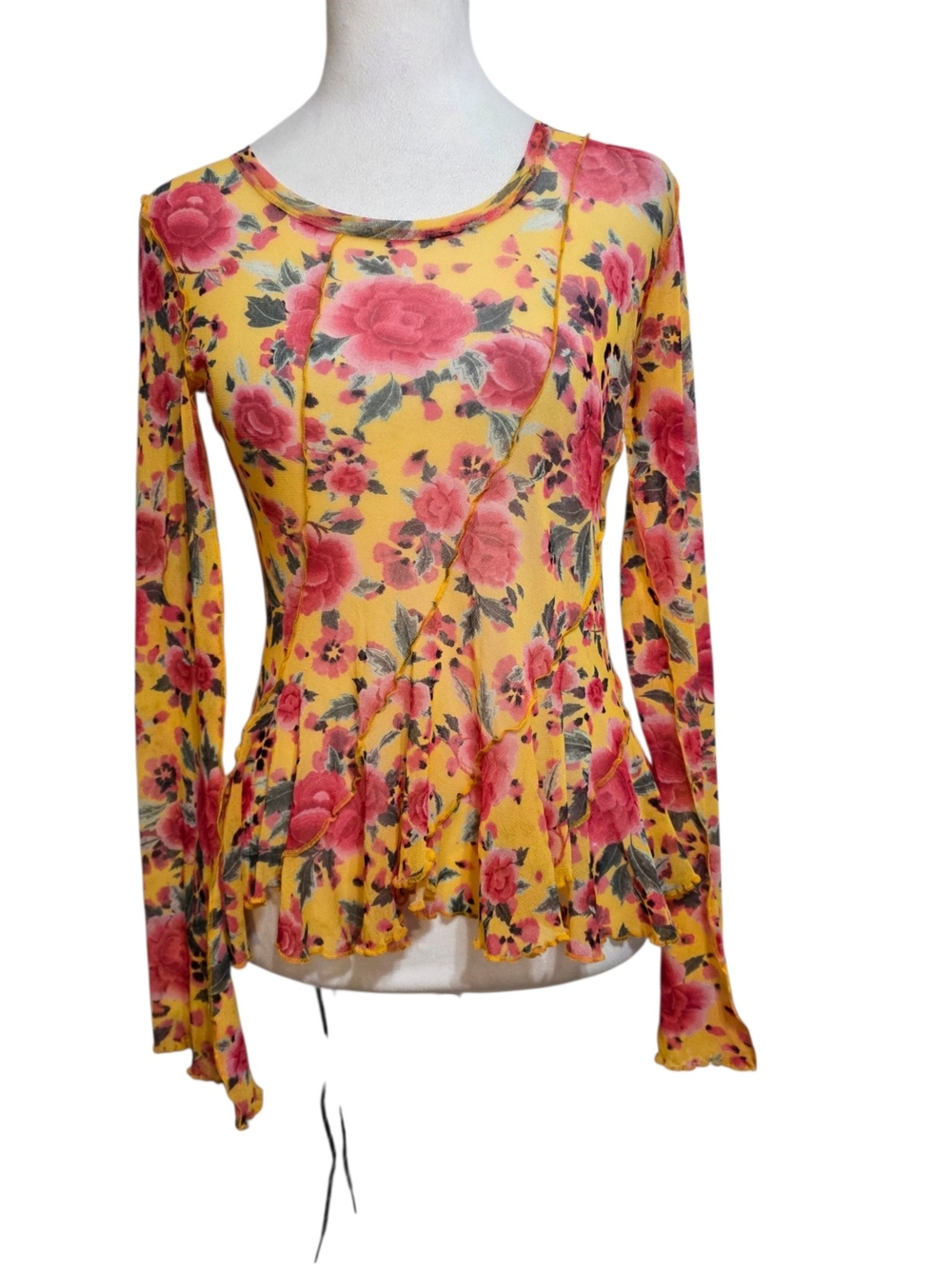 Jean Paul Gaultier Soleil Mesh Floral Peplum Top M Y2K Sheer Stretch Fairy